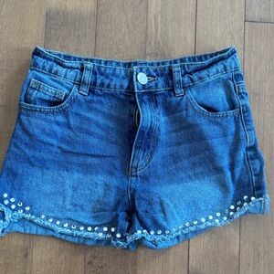 Denim Blue girls Shorts with Pearl Accents